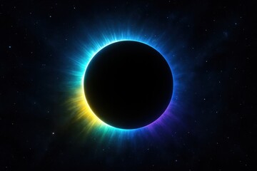 Wall Mural - Neon rim solar eclipse with blazing multicolor corona slicing behind a shadowed planet vibrant space scene with cosmic dust and dramatic dark sky glow at the moment of totality
