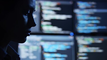 Silhouette of Focused Woman Coding Before Blue Screens with Data Streams