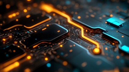 Futuristic digital circuit board with glowing orange and blue lights Closeup.