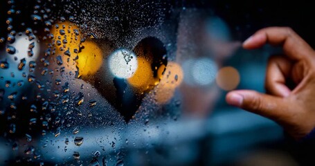 Wall Mural - Finger-drawn heart on window condensation, blurred street beyond