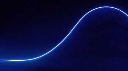 Wall Mural - Glowing blue wave line gracefully curves against dark background, creating sense of movement and energy. This abstract design evokes feelings of modernity and innovation