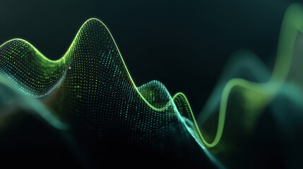 Wall Mural - Abstract digital wave pattern with glowing green lines and dots, representing sound or data visualization, creating sense of movement and energy