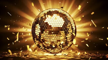 Golden Disco Ball with Confetti Bursting in Dark Background with Yellow Ray Light and Elegant Shine
