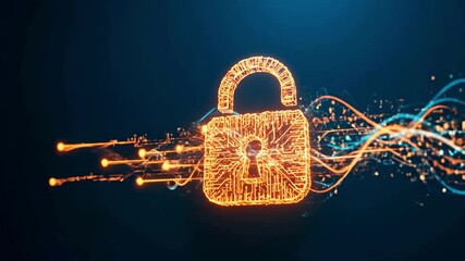 Futuristic 4k footage showing a glowing open padlock securing a digital data stream, illustrating concepts of cybersecurity, network protection, and information privacy