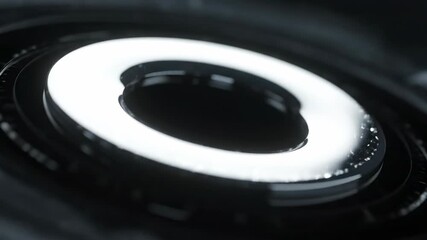 Wall Mural - A seamlessly looping video features a sleek silver circular flare with metallic glints orbiting its core, depicting a sophisticated abstract technological interface event, graphic, mystery