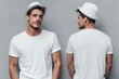 © Aleksander - A stylish young man in a white t-shirt mockup and white hat, posing against a gray background, showcasing front and back views