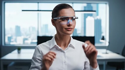 Woman using smart glasses view AI data overlay cinematic UHD handheld future work lifestyle stock footage. female augmented reality display artificial intelligence info handheld