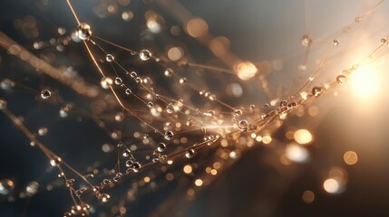 Closeup view of dewdrops on a spiderweb nature macro photography early morning light hyperrealistic detail