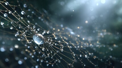 Dewdrops on a spiderweb captured in hyperrealistic detail nature macro photography serene environment close-up view beauty of nature