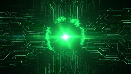 Wall Mural - A vibrant green digital flare pulses energetically, surrounded by abstract circuit board-like patterns in a seamlessly looping tech background looping, design, connection