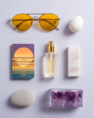 Yellow sunglasses, white egg, notebook, perfume bottle, smooth stone, and purple crystal are thoughtfully presented in a minimalist flat lay composition.
