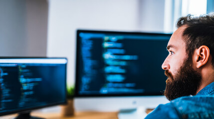 A focused developer at a minimalist workstation with soft window light and a neutral background.
