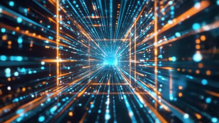 Wall Mural - Abstract digital tunnel with blue and orange light streaks converging towards a central bright point, creating a sense of depth and movement.