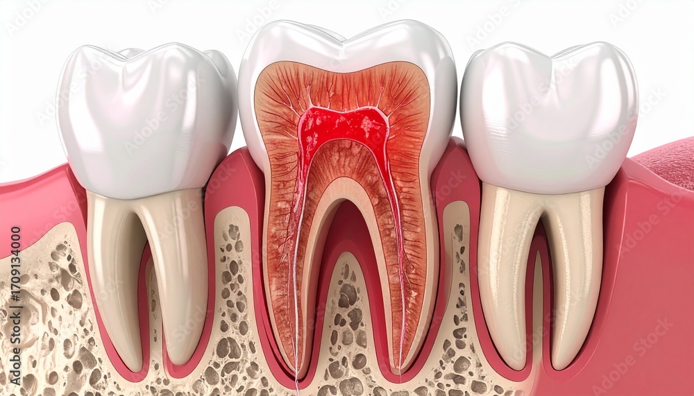 Pulpitis Priapical Detailed 3D medical illustration showing the anatomy of a human molar ...