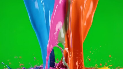 Wall Mural - Abstract colorful paint splashes bursting and dripping in vibrant, artistic motion, isolated on a green screen graphic, paint, glitter