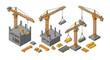 © alexT - Isometric construction site with cranes and building materials in detail