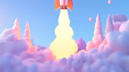 Wall Mural - a vibrant rocket launching through fluffy clouds, a whimsical illustration of a successful launch.