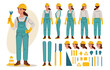 © RABBI - Industrial technician worker wearing helmet, overall uniform holding wrench tool. Character for animation. Front, side and back view set. Body parts, postures, poses collection. Vector illustration.