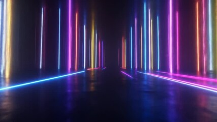 Wall Mural - A dark corridor illuminated by vibrant, vertical neon lights, creating a futuristic and abstract tunnel effect.