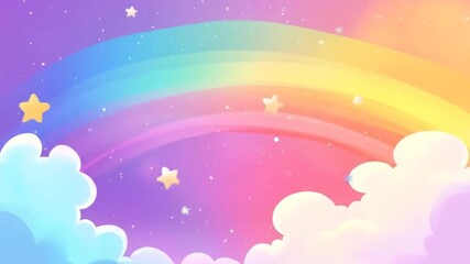 Wall Mural - Pastel rainbow arching across a dreamy, starlit sky, fluffy clouds below.