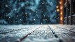 © Lina - Snow-covered wooden surface with falling snowflakes, evoking a serene winter atmosphere.