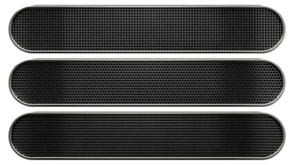 Set of metallic silver and black banners or buttons. 3D rendered futuristic tech background with grid, honeycomb and striped patterns.