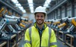 © si - Industrial Engineer Smiling, Looking at Camera. Portrait of a Caucasian Man in Protective White Hardhat and Reflective Jacket. Specialist Monitoring AI Powered Assembly Line With Robot Arms At Factory