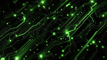 Glowing neon green digital data streams and complex circuits in futuristic cyberspace, representing sophisticated technology and artificial intelligence.