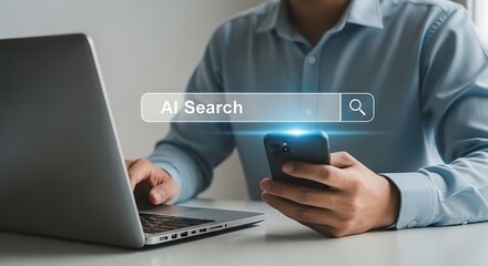 Ai Search on Mobile Device Using Laptop for Task, Modern Technology Integration for Work and Online Research