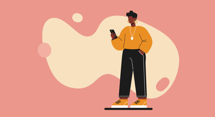 A stylish young Black man, dressed in casual attire, stands confidently while engrossed in his smartphone, connecting with the digital world.