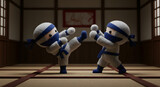 Two Fluffy Ninja Characters Practicing Martial Arts in a Dojo, 3D Render