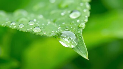 Close-up of a vibrant green leaf adorned with glistening dewdrops, showcasing natures delicate beauty after rain.
