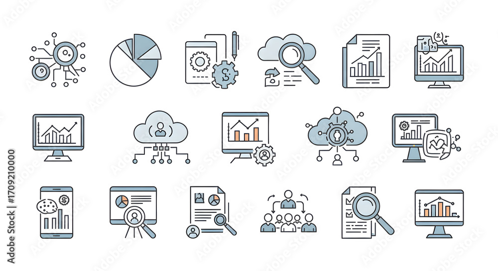 Business analytics icons, charts, graphs, cloud computing and data ...