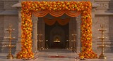 Marigold garland arch, thick garlands of orange and yellow marigolds hanging above temple entrance