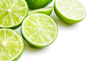 Wall Mural - Green Limes Cut Slices Halves on White Background, Fresh Juicy Citrus Fruit Still life