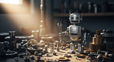 Small robot in a cluttered workshop, surrounded by gears and tools