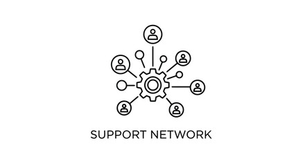 Vector illustration of support network shown by a gear with people connected to it