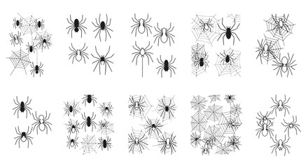 A collection of black and white graphic spider illustrations, some with webs, arranged in various groups.