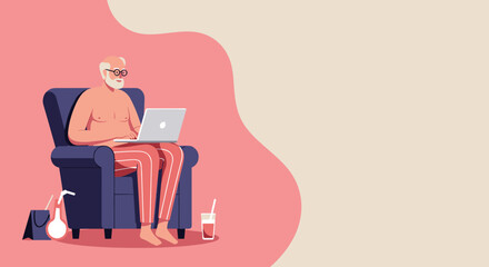 Elderly man relaxing comfortably in an armchair using a laptop computer, ideal for web design and marketing presentations.
