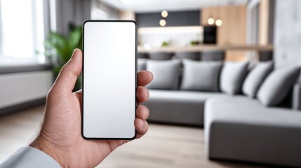 Hand holding blank smartphone against a modern living room with a grey couch and kitchen island in the background