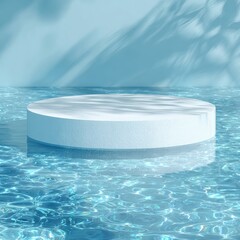 Wall Mural - Clean Round Display Podium on Water Surface Under Bright Blue Sky