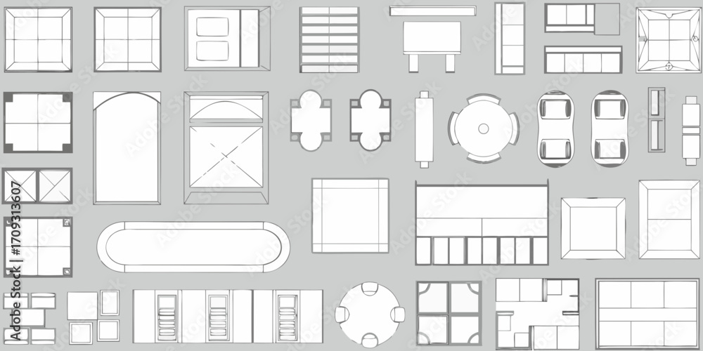 เวกเตอร์ Stock Collection of top down architectural furniture and room ...