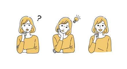Woman showing stages of thinking from confusion to idea realization with a smile