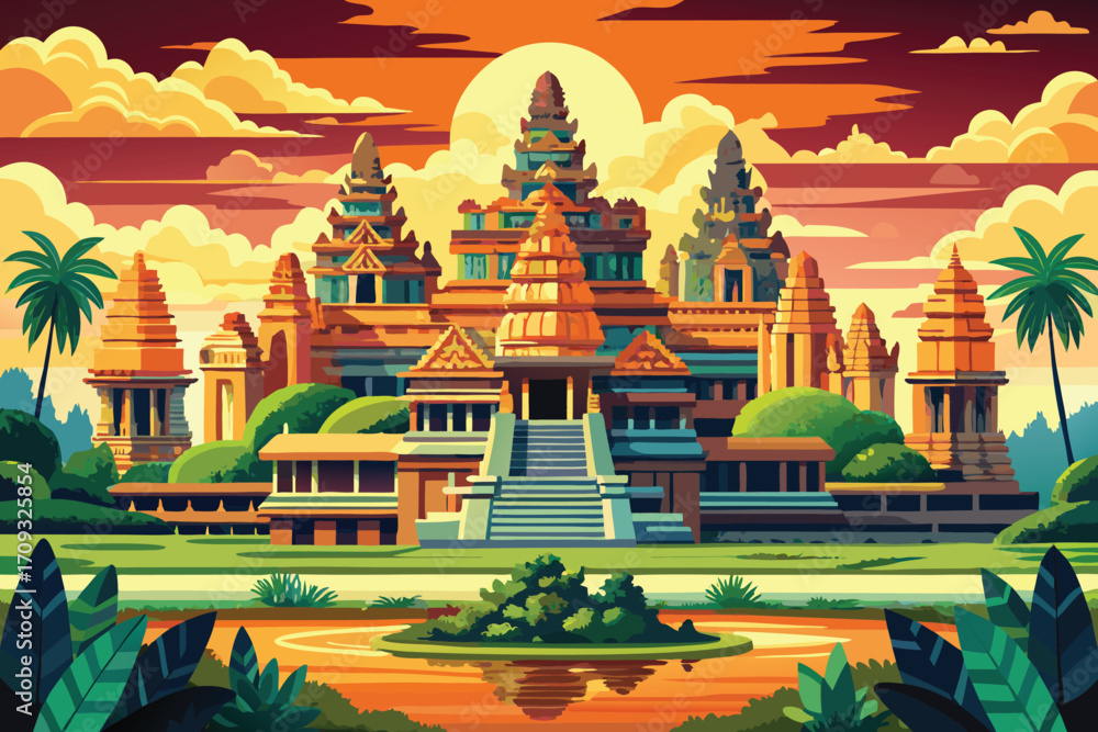 ,Vector art of angkor wat temple in cambodia in flat design style, a ...