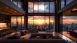 © Thai - Modern luxury penthouse apartment with stylish living room and kitchen, floor to ceiling windows overlooking panoramic city skyline at sunset, minimalist interior decor dream millionaire lifestyle
