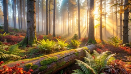  Serene autumnal forest bathed in the golden light of sunrise, a fallen log draped in moss rests amidst vibrant ferns and colorful foliage.
