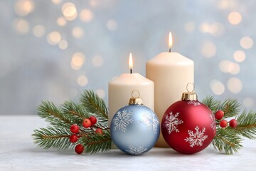 Wall Mural - christmas balls and burning candles creating a festive atmosphere