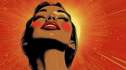 Wall Mural - A joyful woman smiles brightly in a vibrant comic pop art style, radiating happiness against a dynamic halftone background