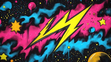 Wall Mural - Lightning flash on abstract colorful background. Comic style, pop art, halftone