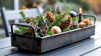 Wall Mural - christmas centerpiece with pine cones, candle and golden ornament illuminating winter holidays